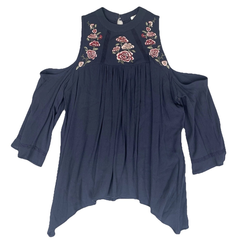 Maurices Shirt Womens S Blue Floral Embroidered Boho Chic Flowy Festival Hippie
